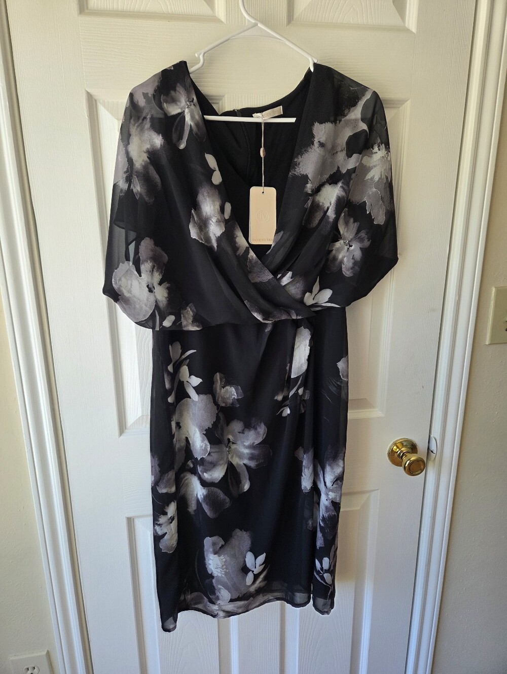 Jacques Vert Floral Dress Sz 10 NWT Black White Floral Knee‎ Length Modest